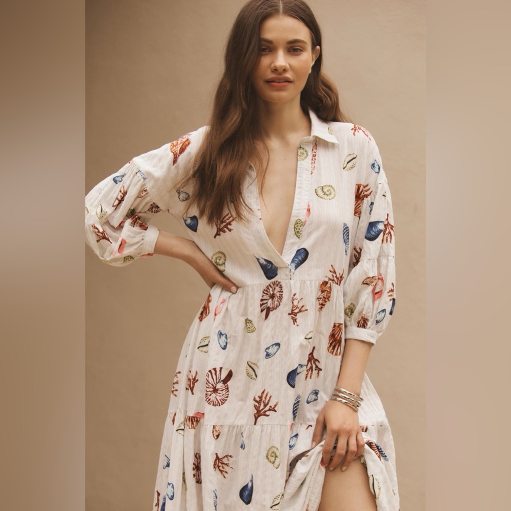 Worn Once Size L - The Carolita Printed Tiered Shirt Dress (Ivory)